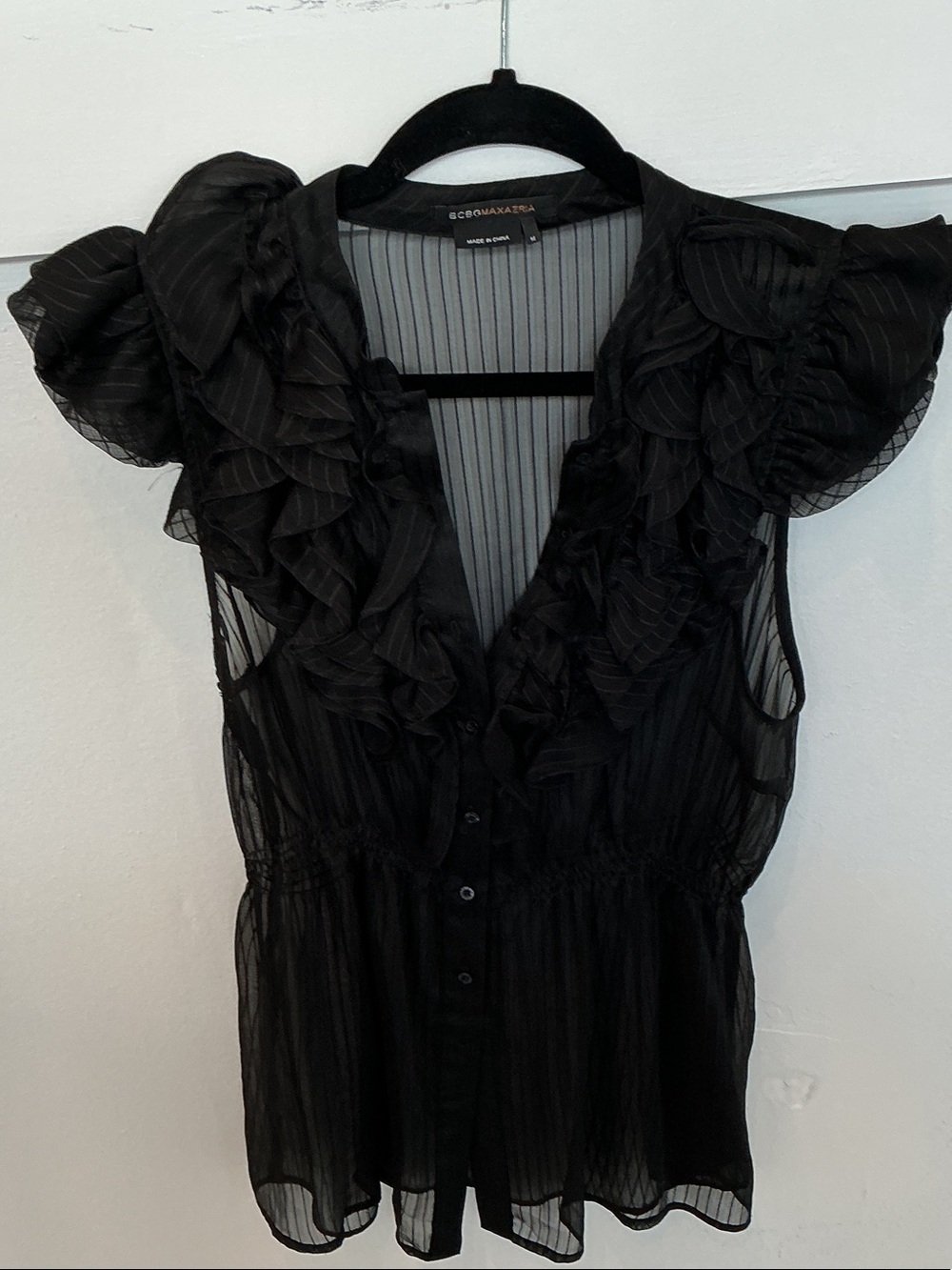 BCBGMaxAzria Black Sheer Ruffled Mini Dress